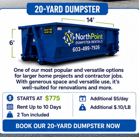 20-Yard Dumpster — 14 feet long by 8 feet wide by 6' tall, starting at $775, 2 ton(s) included, 7 rental days included