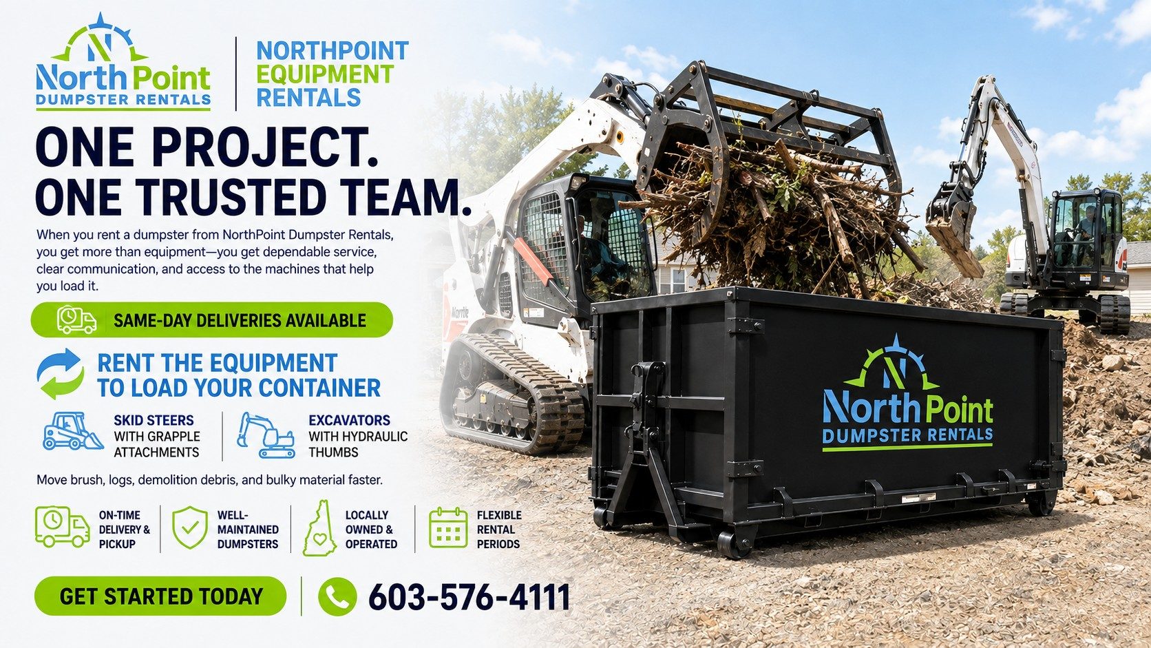 Skid steer with grapple attachment and excavator with hydraulic thumb loading brush and debris into a NorthPoint dumpster